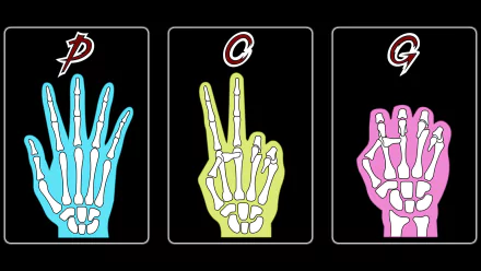 HD PC desktop wallpaper in Kaiji-style anime: three neon skeletal hands (cyan, lime, pink) on black card panels arranged to show the letters P, O, G.