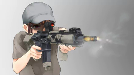 Anime-style character wearing a hat, aiming and firing a Heckler & Koch HK416 rifle, set against a simple gray background in this HD PC desktop wallpaper.