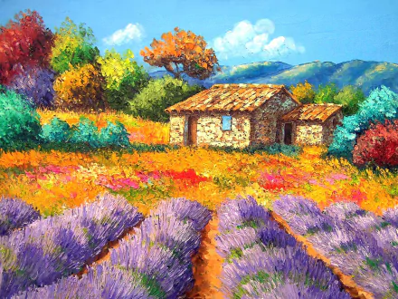 Vibrant artistic painting of a colorful countryside field with trees and a rustic house, designed as an HD PC desktop wallpaper and background.