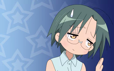 HD PC desktop wallpaper of Yui Narumi (Lucky Star anime): green-haired, glasses-wearing girl with a wry expression against a blue star-patterned background.