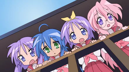 HD anime desktop wallpaper featuring Miyuki Takara, Tsukasa Hiiragi, Konata Izumi, and Kagami Hiiragi from the series Lucky Star, all peeking over a railing.