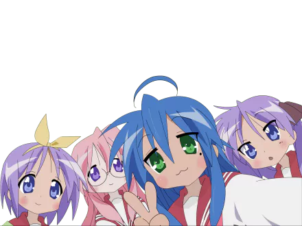 HD anime desktop wallpaper featuring Kagami Hiiragi, Konata Izumi, Miyuki Takara, and Tsukasa Hiiragi from Lucky Star, all smiling and posing closely together.