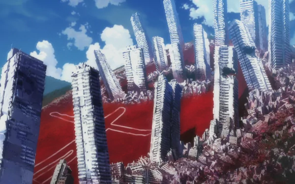 HD PC desktop wallpaper from Neon Genesis Evangelion: 1.0 You Are (Not) Alone, depicting a distorted cityscape under a bright blue sky with clouds.