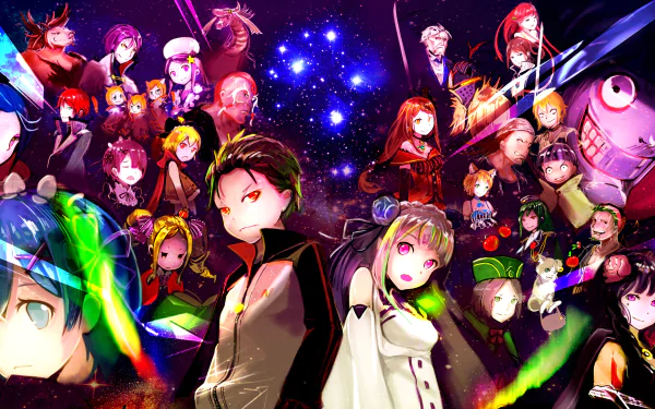 Vibrant HD wallpaper featuring characters from Re:Zero - Starting Life in Another World, set against a cosmic backdrop filled with colorful light beams.