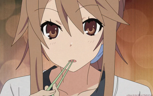 Anime scene from Ookami-san to Shichinin no Nakama-tachi featuring a close-up of a character with brown hair eating with chopsticks, rendered in HD for a PC desktop wallpaper.