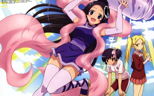 4K Ultra HD anime wallpaper from The World God Only Knows featuring three characters with dynamic poses against a bright, blue sky background.