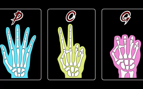 HD PC desktop wallpaper in Kaiji-style anime: three neon skeletal hands (cyan, lime, pink) on black card panels arranged to show the letters P, O, G.