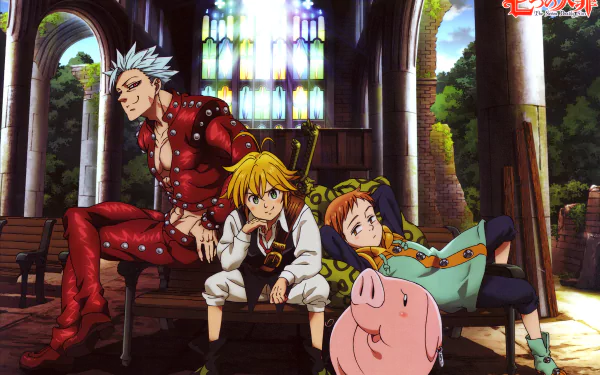 Characters from The Seven Deadly Sins anime, including Hawk, King, Meliodas, and Ban, relaxing in a beautifully lit church with stained glass windows. This HD wallpaper captures an iconic moment and vibrant colors.