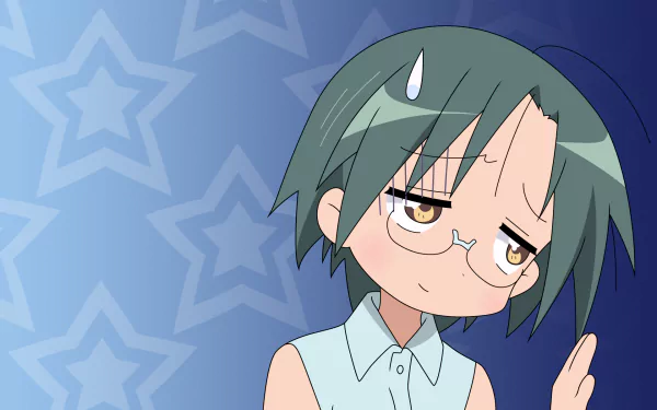 HD PC desktop wallpaper of Yui Narumi (Lucky Star anime): green-haired, glasses-wearing girl with a wry expression against a blue star-patterned background.