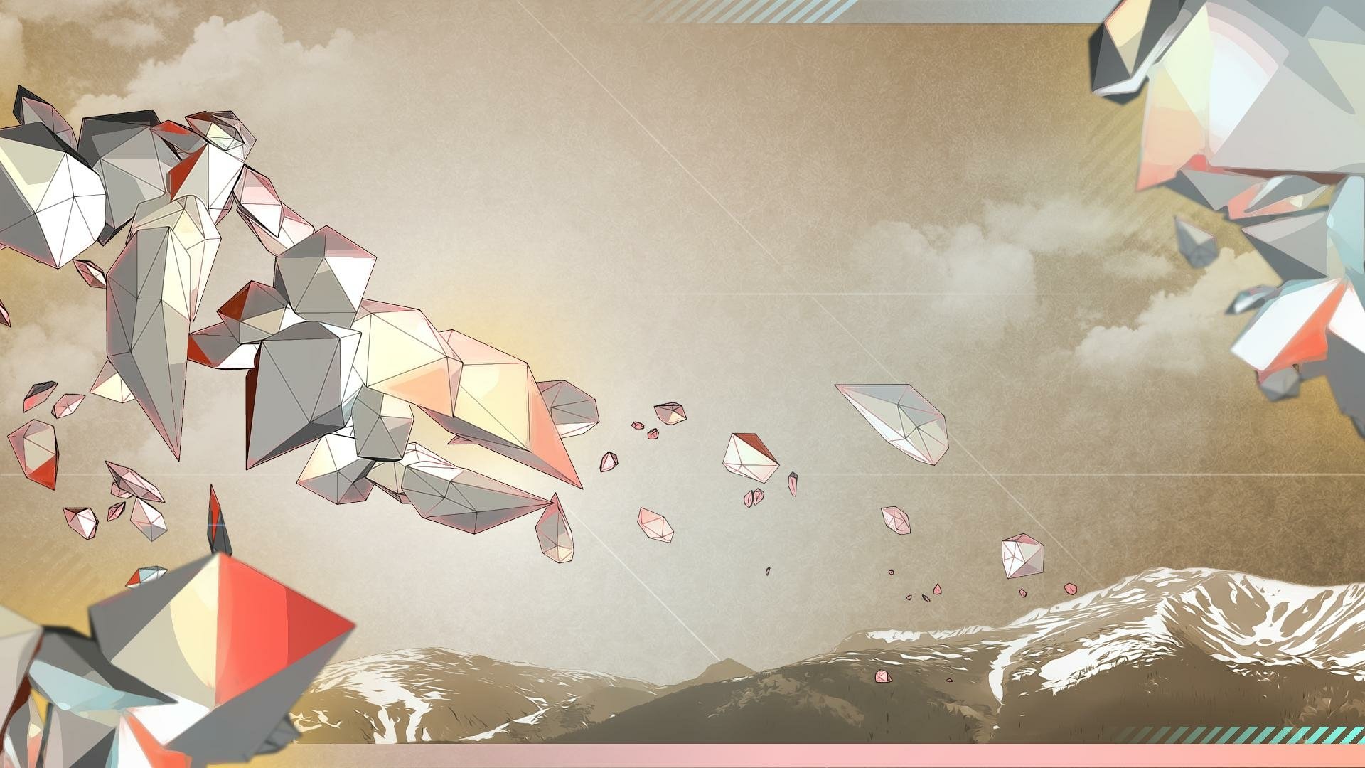 HD 3D CGI polygonal abstract artwork with artistic geometric shapes floating over a muted landscape, designed as a striking PC desktop wallpaper background.