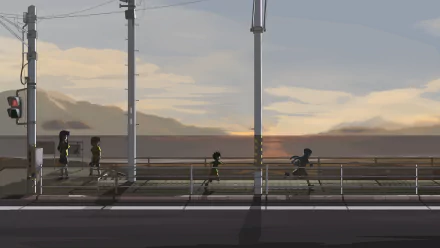 HD PC desktop wallpaper featuring Ika Musume, the Squid Girl character, running along a seaside promenade at sunset with soft, muted colors and anime style.