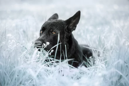 HD desktop wallpaper featuring a black German Shepherd dog lying in a frosty, pale blue field, blending with the cool-toned natural background.