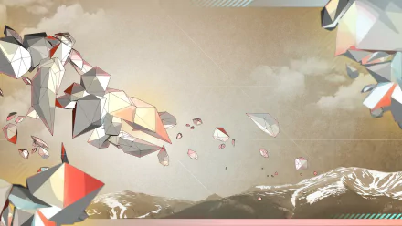 HD 3D CGI polygonal abstract artwork with artistic geometric shapes floating over a muted landscape, designed as a striking PC desktop wallpaper background.