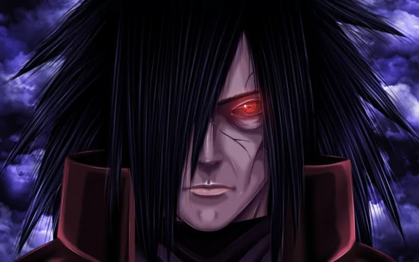 A HD desktop wallpaper featuring Madara Uchiha from the anime Naruto, with his intense stare and signature red eyes, set against a dark, stormy background.
