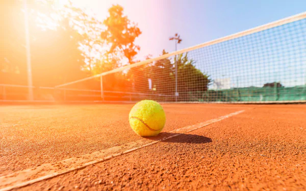 A tennis ball resting on a sunlit clay court near the net, captured in vibrant 4K Ultra HD quality as a dynamic sports desktop wallpaper.