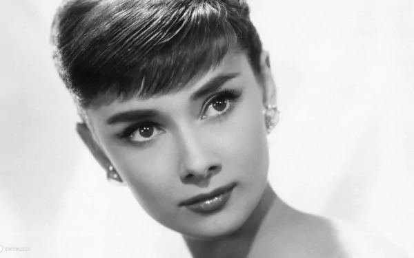 Black and white HD desktop wallpaper featuring a close-up portrait of celebrity Audrey Hepburn with elegant makeup and hairstyle.