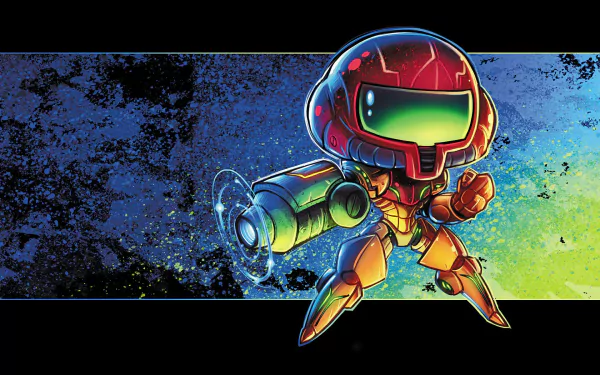 HD PC desktop wallpaper of Metroid: chibi Samus Aran in a bright armored suit aiming her arm cannon against a blue-green textured space background.