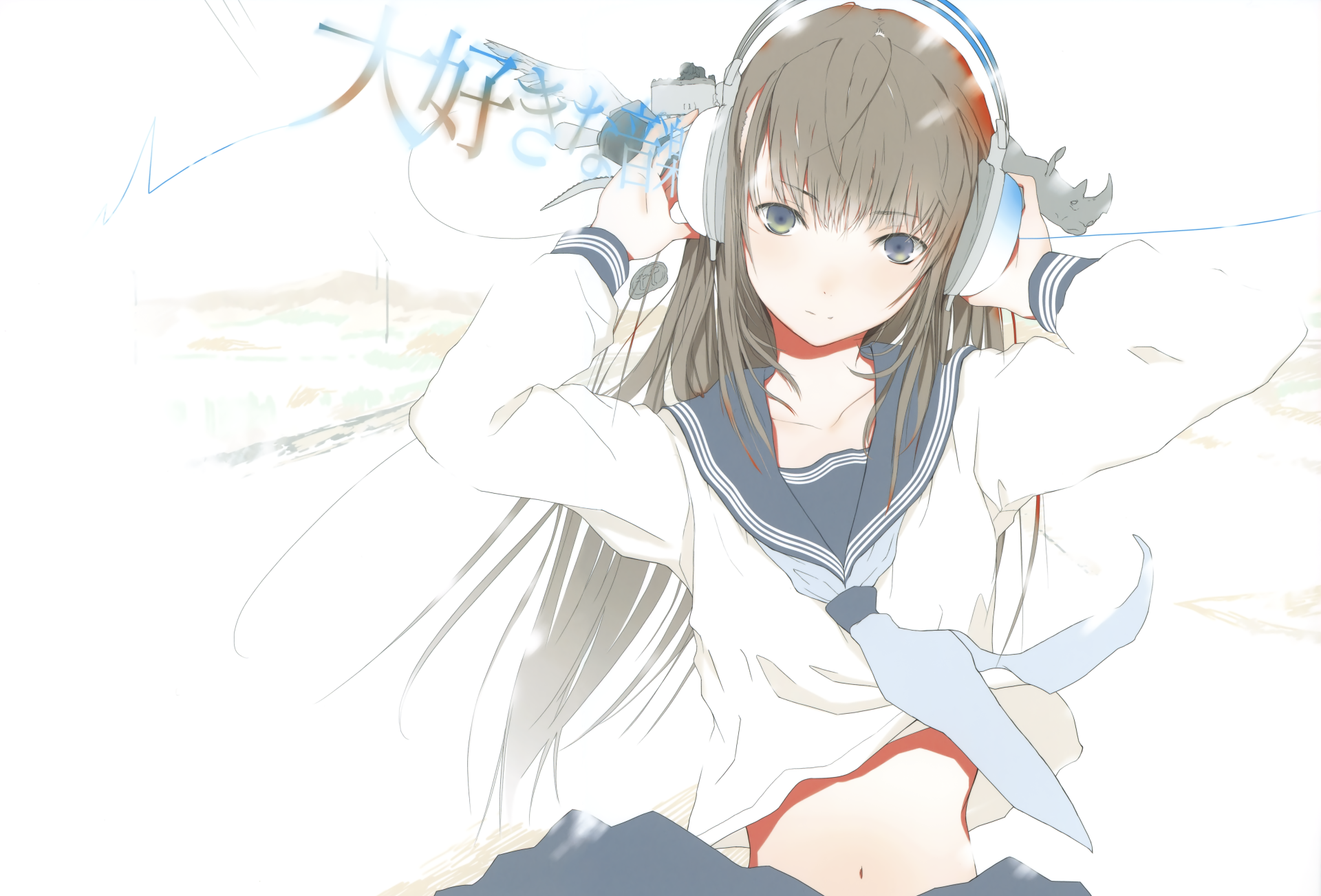 A serene anime character wearing headphones, dressed in a sailor outfit, with soft colors, creates a captivating 4K Ultra HD desktop wallpaper and background.