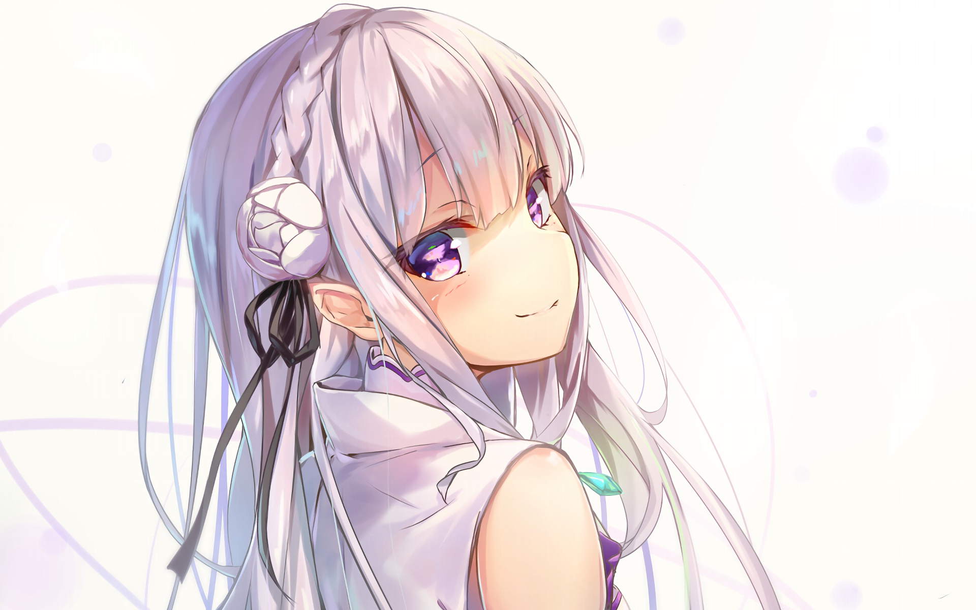 HD desktop wallpaper featuring Emilia from *Re:Zero - Starting Life in Another World*, showcasing her enchanting smile and distinct white hair against a soft background.