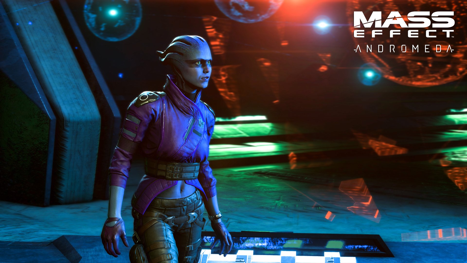 PeeBee from Mass Effect: Andromeda stands in a futuristic, dimly lit environment in this 4K Ultra HD PC desktop wallpaper from the video game.