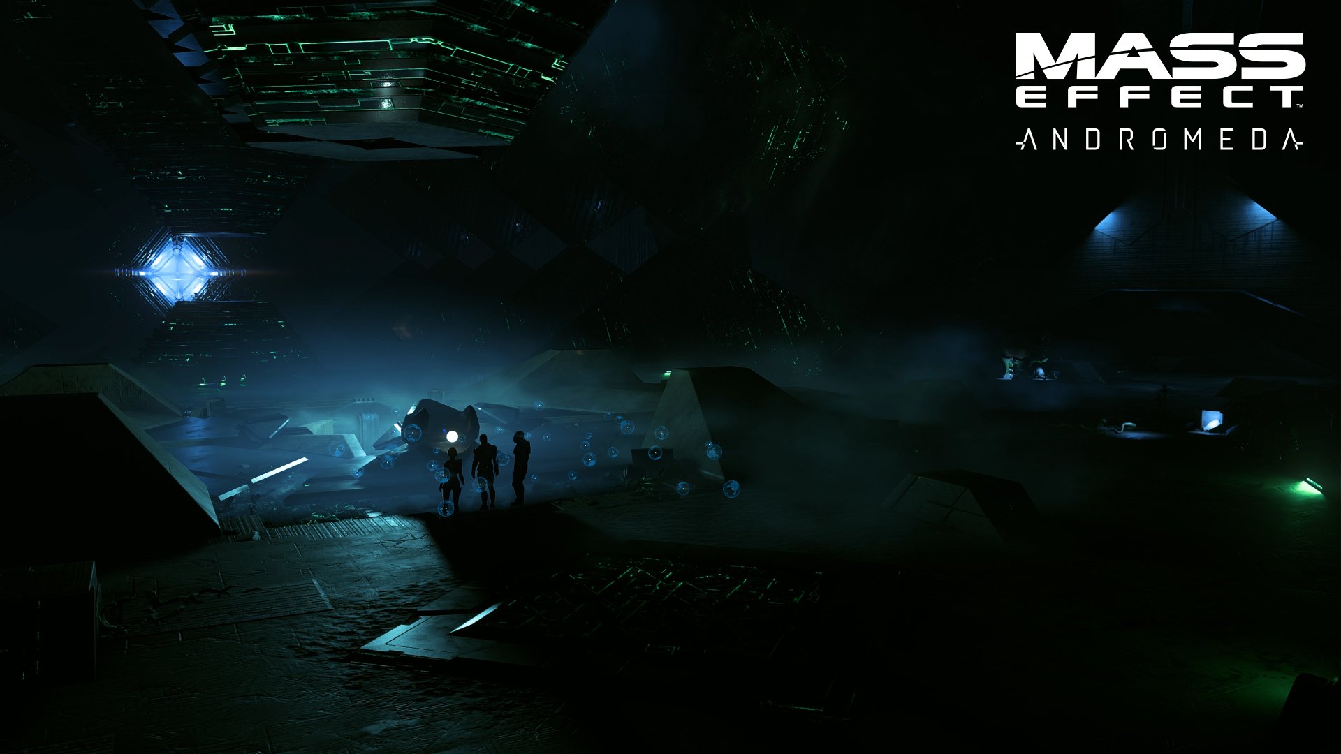 A captivating 4K Ultra HD wallpaper featuring Cora Harper, Liam Kosta, and Scott Ryder from the video game Mass Effect: Andromeda, set against a mysterious sci-fi backdrop.
