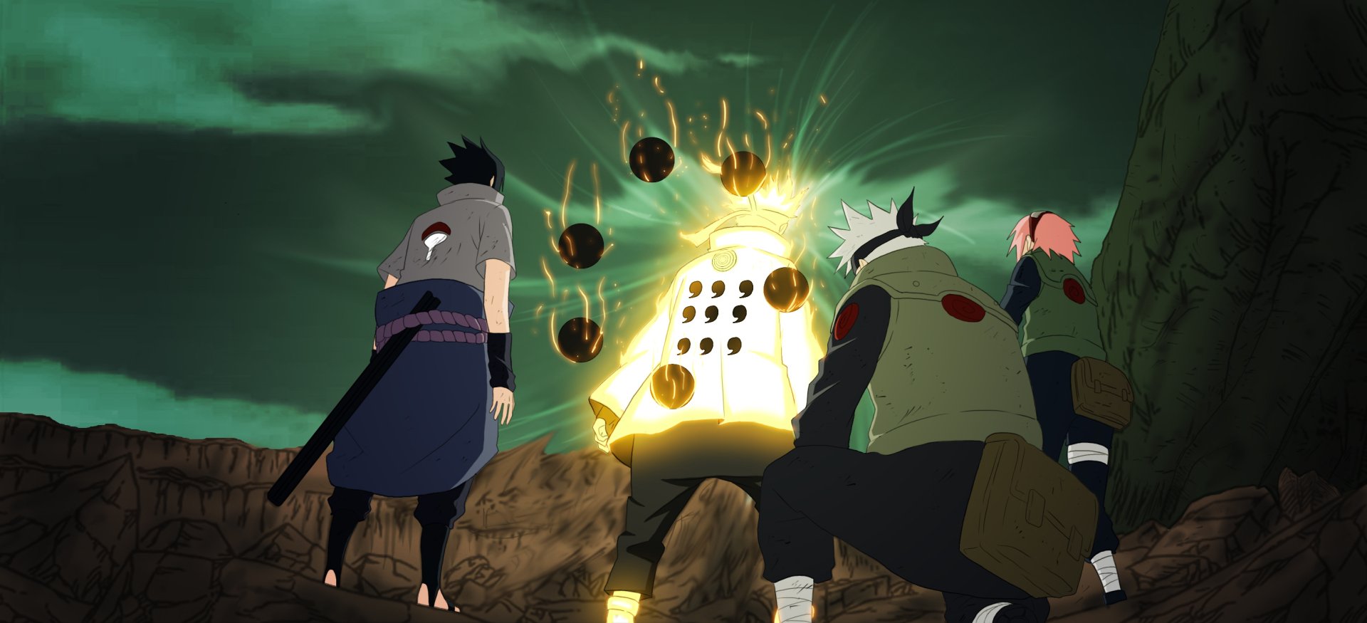 Kakashi Hatake, Sasuke Uchiha, Sakura Haruno, and Naruto Uzumaki stand united against a powerful foe in this striking HD anime wallpaper from Naruto.