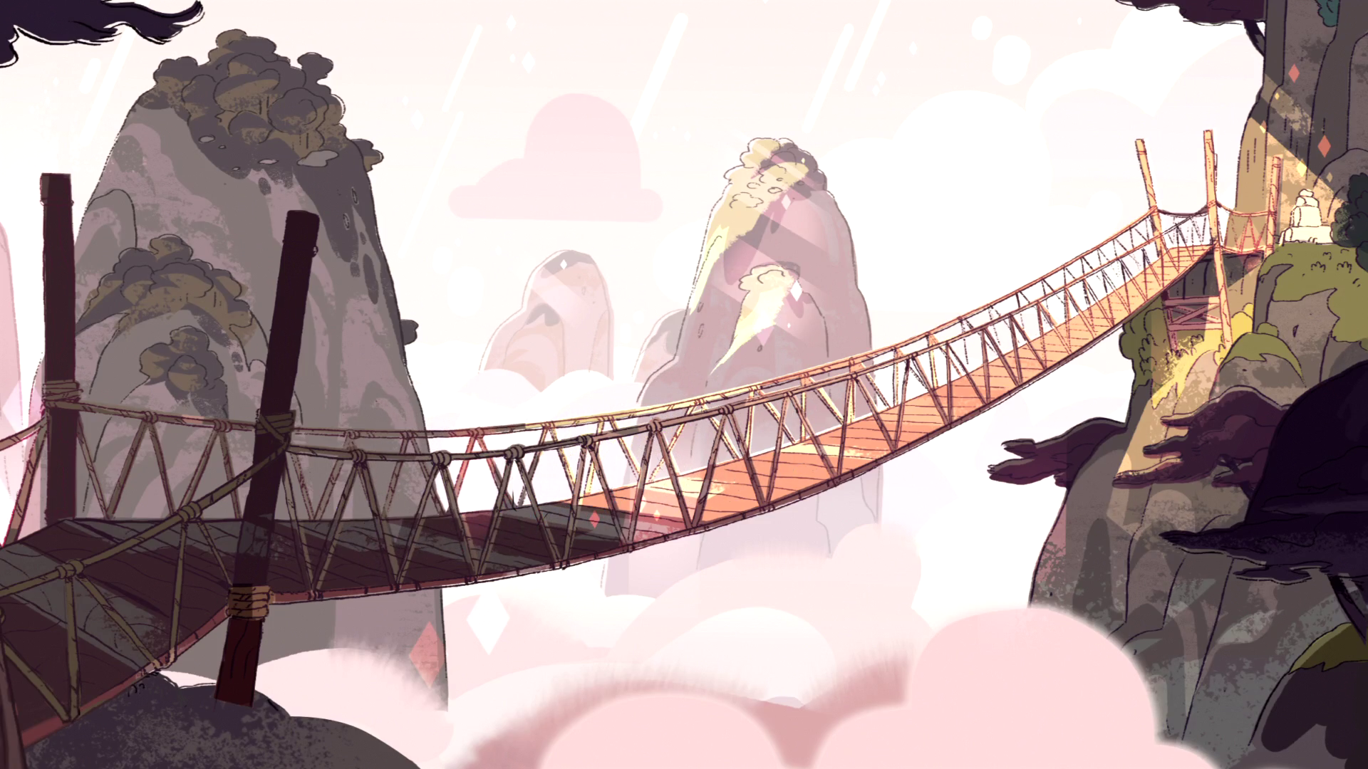 HD PC desktop wallpaper from the TV show Steven Universe depicting a wooden suspension bridge connecting rocky cliffs above a sea of clouds.