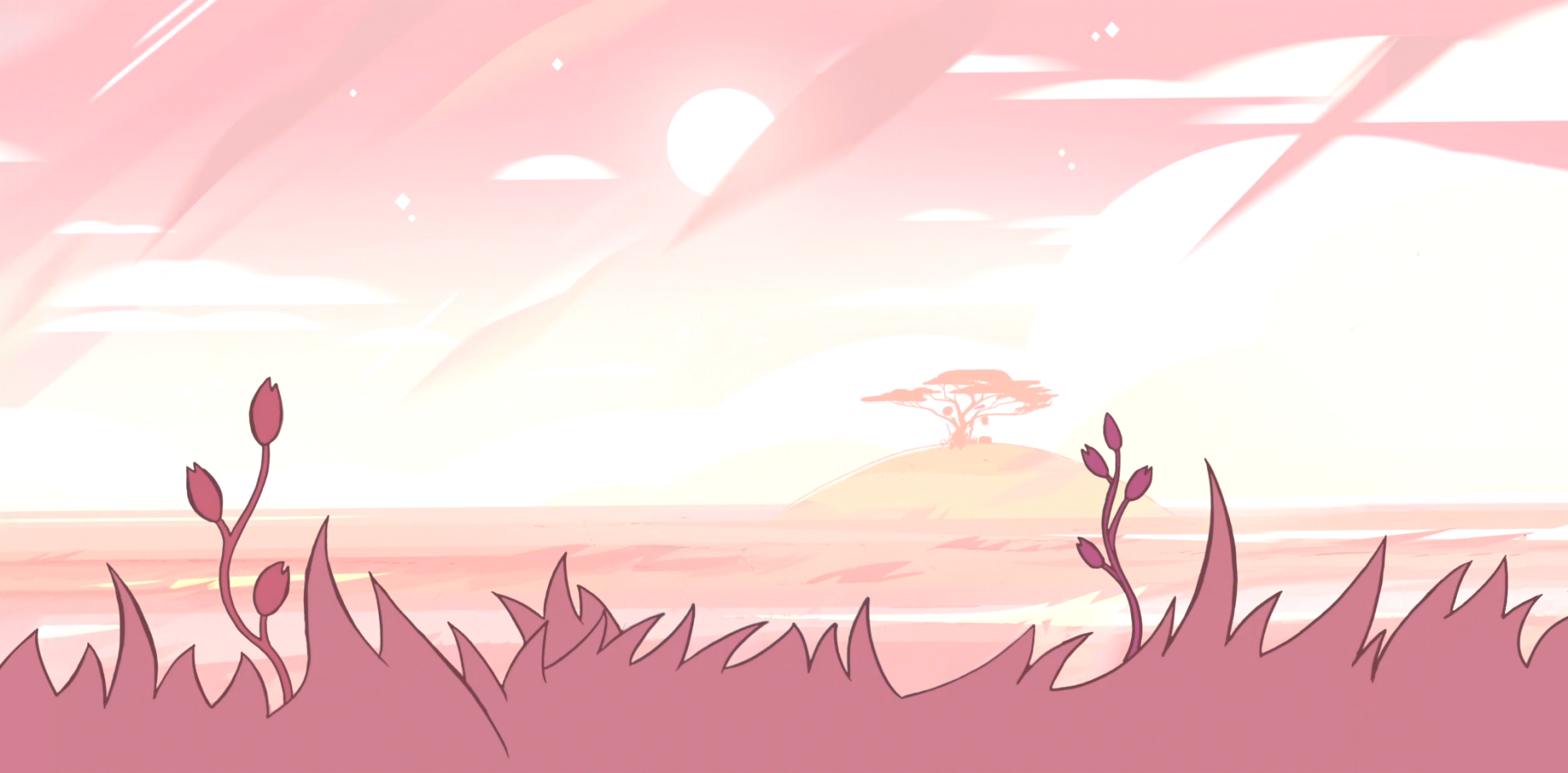 A serene pastel landscape from the TV show *Steven Universe*, featuring soft pink hues, gentle sky, and plants in the foreground, creating a tranquil backdrop for a desktop wallpaper.