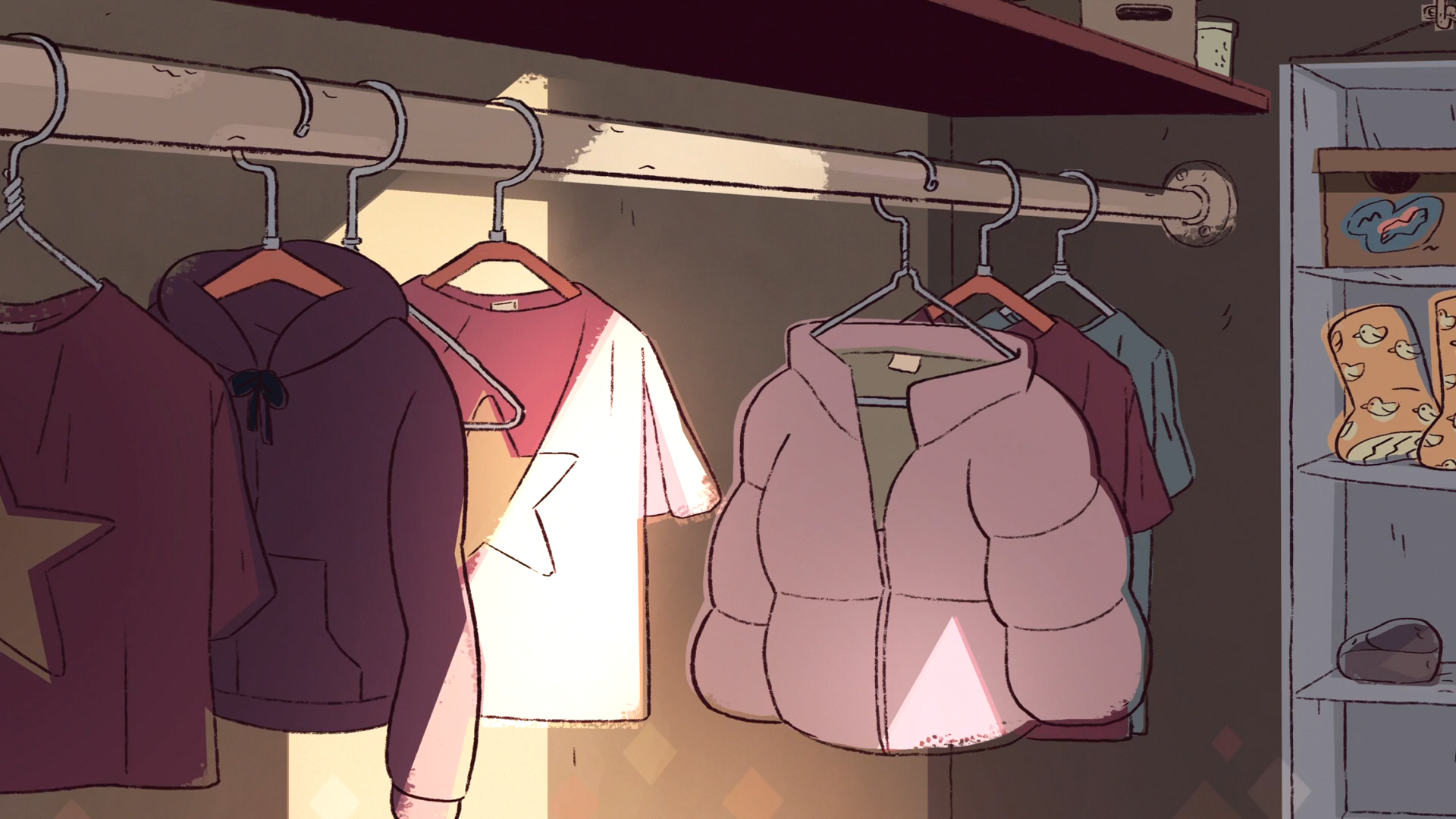 HD PC desktop wallpaper featuring a detailed animated closet scene from the TV show Steven Universe, showcasing hanging clothes with soft lighting and warm tones.