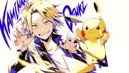 A vibrant HD wallpaper featuring a blonde character with headphones and yellow eyes, alongside Pikachu. The scene captures a dynamic crossover between My Hero Academia and Pokémon.