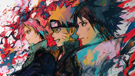Vibrant HD wallpaper featuring Sakura Haruno, Naruto Uzumaki, and Sasuke Uchiha from the anime Naruto, set against a dynamic, colorful background.