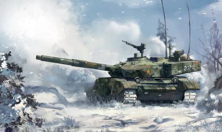 A Type 99 military tank navigates a snowy landscape, captured in vivid detail, serving as a striking 4K Ultra HD PC desktop wallpaper and background.