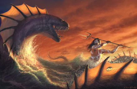 4K Ultra HD PC wallpaper: a fantasy warrior with a trident faces a towering leviathan sea creature as churning orange waves and a stormy sky collide.
