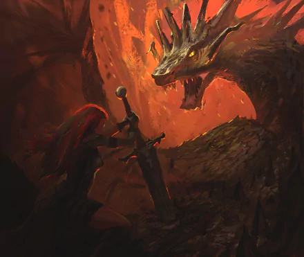 A fierce woman warrior grips her sword, facing a roaring dragon in this dramatic 4K Ultra HD fantasy desktop wallpaper.