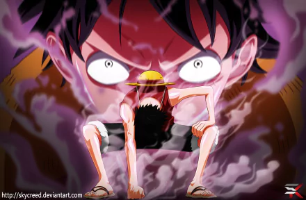 HD desktop wallpaper featuring Monkey D. Luffy from the anime One Piece, showcasing an intense scene with Luffy in a powerful stance surrounded by swirling smoke.