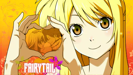 HD desktop wallpaper featuring Lucy Heartfilia from Fairy Tail making a heart shape with her hands, framing an image of NaLu (Natsu Dragneel and Lucy Heartfilia). The Fairy Tail logo is displayed at the bottom.