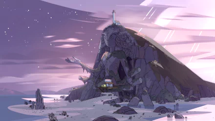 A serene HD wallpaper depicting the iconic Crystal Gem's home from the TV show Steven Universe, featuring a majestic mountain and tranquil surroundings.