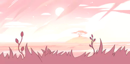 A serene pastel landscape from the TV show *Steven Universe*, featuring soft pink hues, gentle sky, and plants in the foreground, creating a tranquil backdrop for a desktop wallpaper.