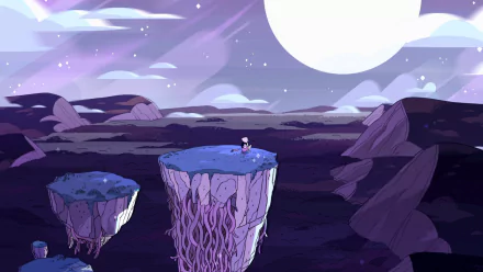 A vibrant HD wallpaper from Steven Universe, featuring Pearl and Steven standing on a rocky platform beneath a large moon, surrounded by a mystical landscape.