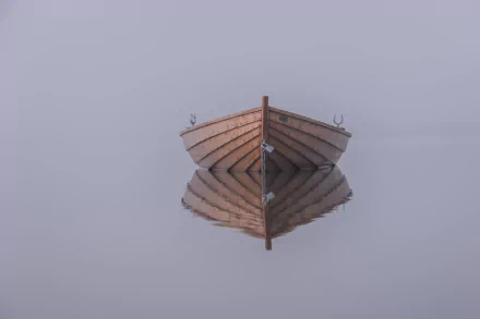 A serene rowboat floats in a fog-covered landscape, perfectly mirrored in calm water, creating a tranquil scene for this 4K Ultra HD desktop wallpaper.