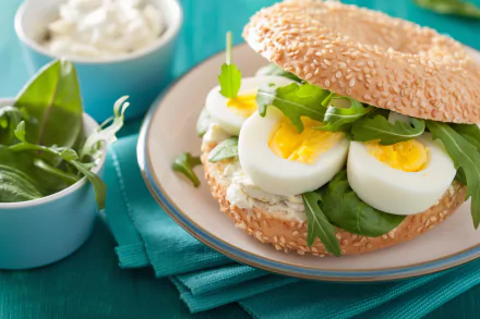 A close-up of a sesame bagel sandwich filled with sliced eggs and fresh greens, accompanied by a small bowl of salad. This vibrant 4K Ultra HD image captures a delicious meal.