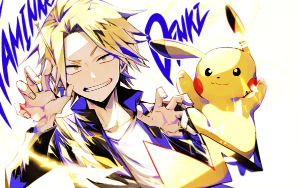 A vibrant HD wallpaper featuring a blonde character with headphones and yellow eyes, alongside Pikachu. The scene captures a dynamic crossover between My Hero Academia and Pokémon.