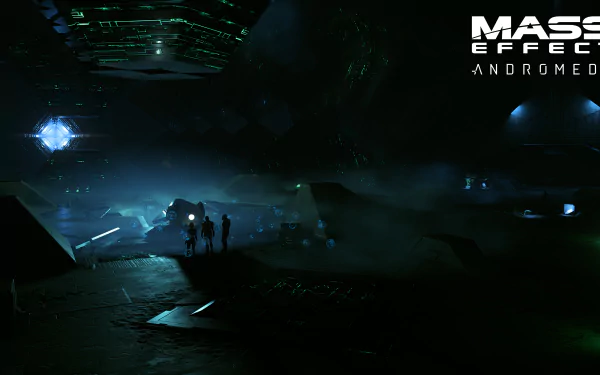 A captivating 4K Ultra HD wallpaper featuring Cora Harper, Liam Kosta, and Scott Ryder from the video game Mass Effect: Andromeda, set against a mysterious sci-fi backdrop.