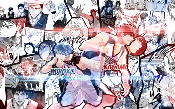 HD wallpaper featuring characters Daiki Aomine, Seijūrō Akashi, Taiga Kagami, and Tetsuya Kuroko from the anime Kuroko's Basketball, surrounded by dynamic action imagery.