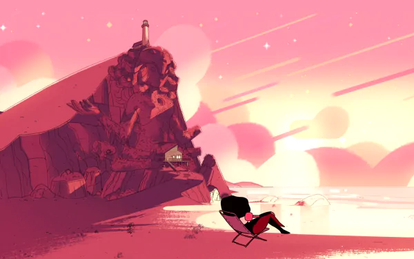 HD desktop wallpaper featuring Garnet from the TV show Steven Universe, set against a vibrant pink sunset with a rocky cliff and serene ocean background.