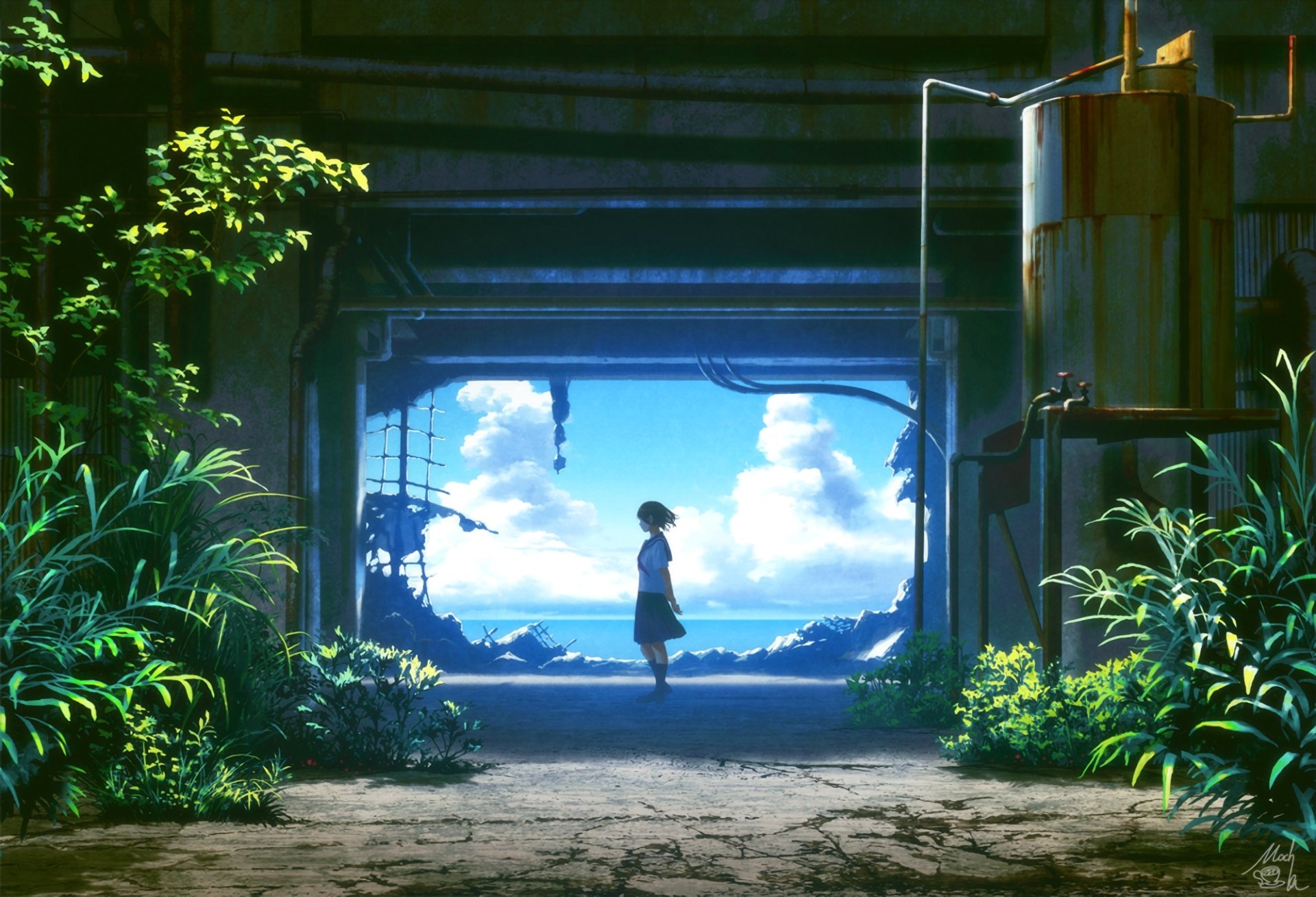 An original anime HD desktop wallpaper featuring a figure walking towards a bright, serene landscape with vibrant plants and a clear blue sky.