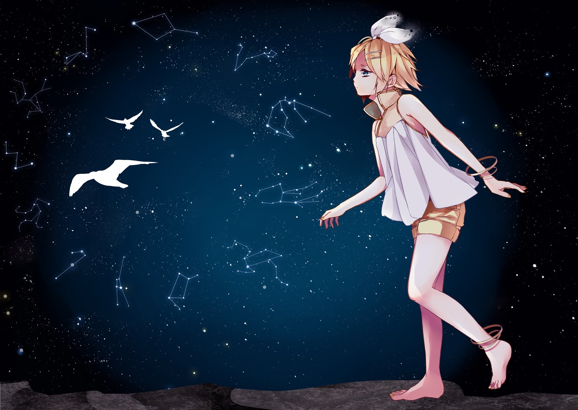 HD anime desktop wallpaper featuring Rin Kagamine from Vocaloid standing against a starry night sky filled with glowing constellations and flying birds.
