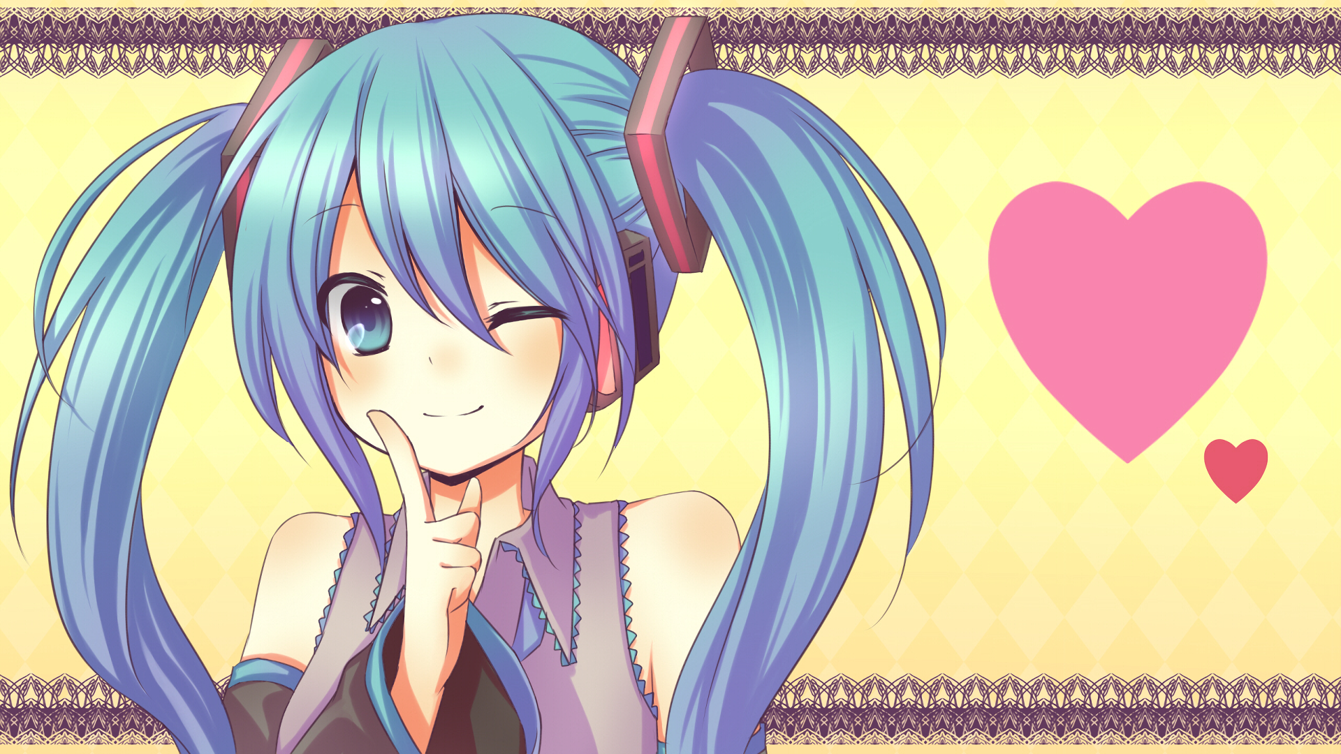HD anime-style desktop wallpaper featuring Hatsune Miku, the iconic Vocaloid character, with blue twin tails, winking and a heart on a yellow patterned background.
