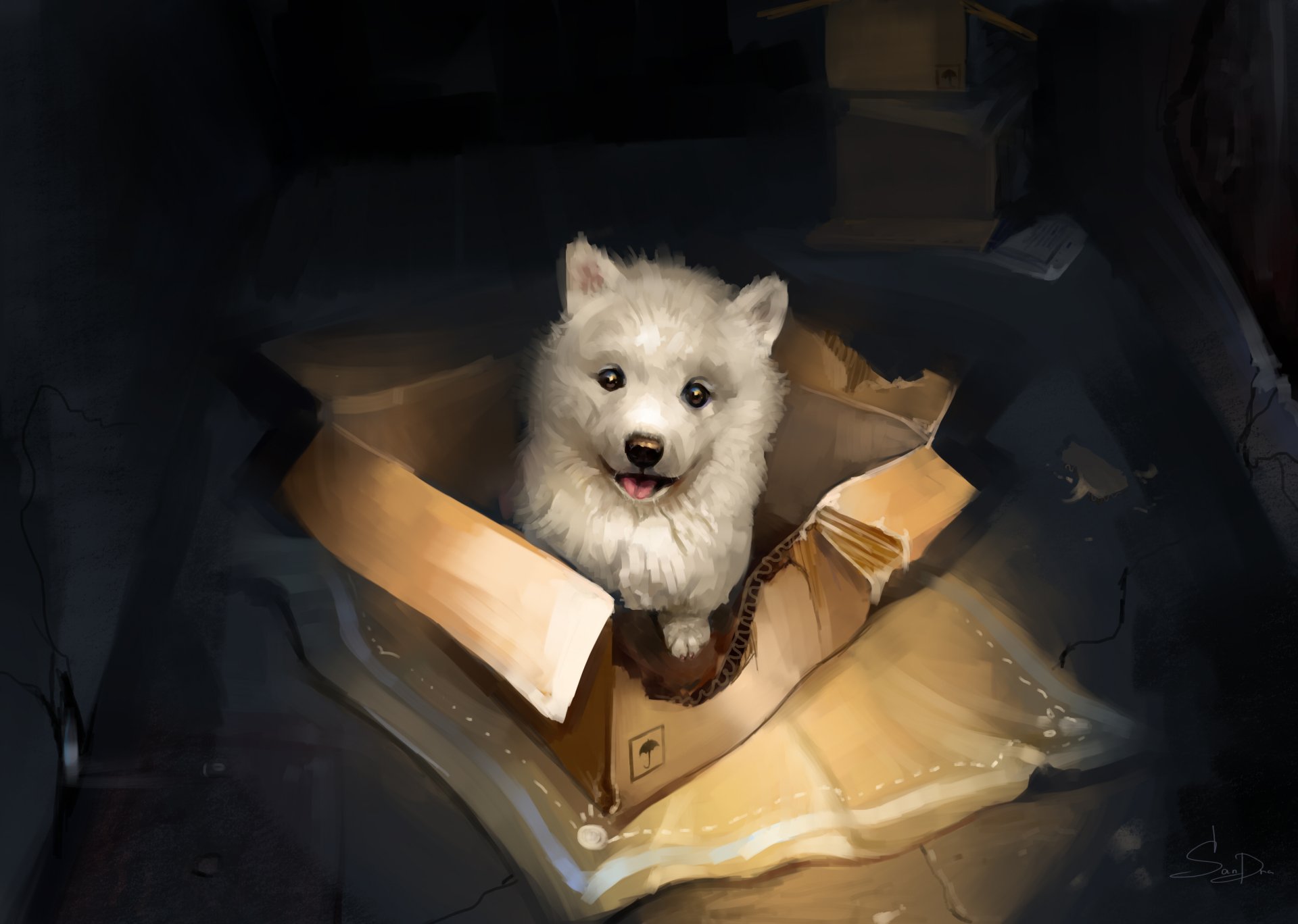 HD painting of a white puppy sitting inside a torn box, captured as an animal-themed PC desktop wallpaper and background.