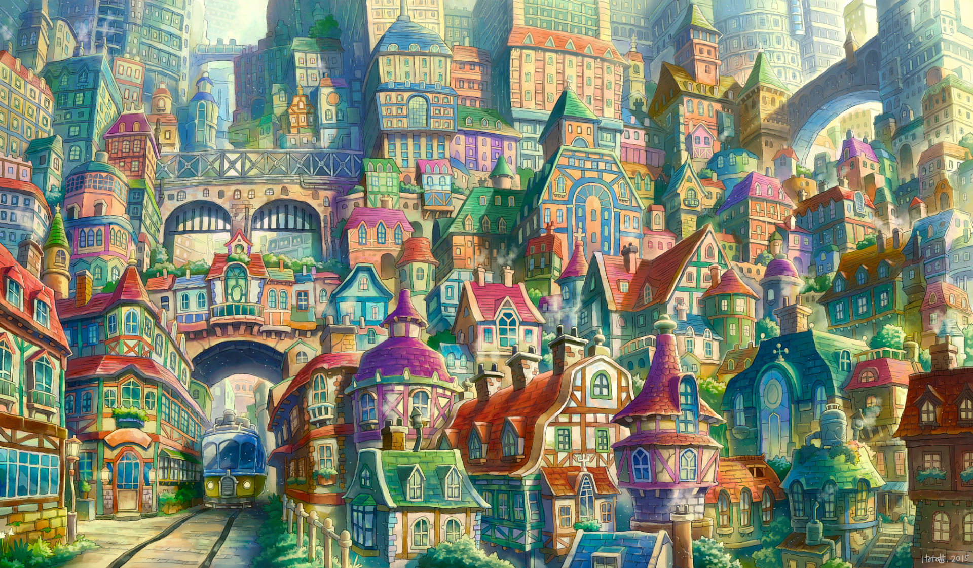 A vibrant, colorful fantasy anime cityscape with intricately detailed houses and buildings, creating a lively and enchanting HD desktop wallpaper background.